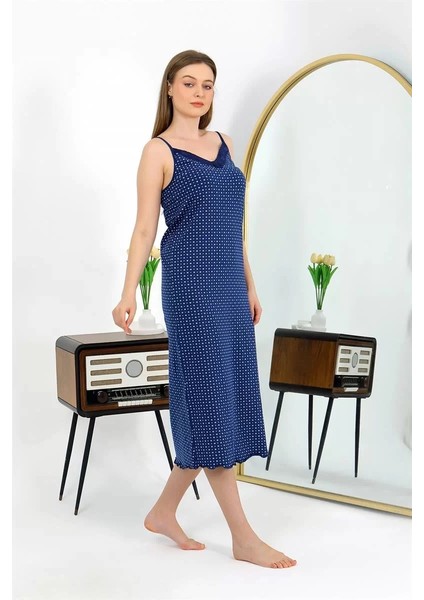 Ip Askılı Uzun Yırtmaçlı Penye Gecelik Lacivert