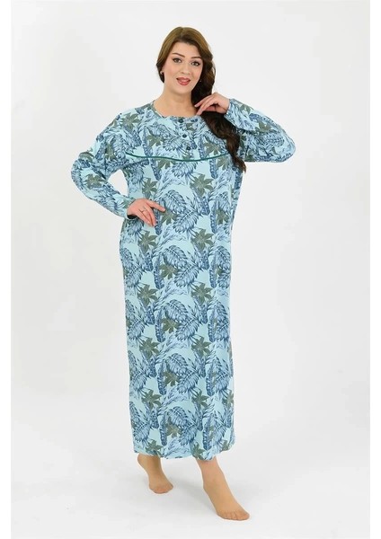 Kadın Büyük Beden Uzun Kol Mavi Anne Gecelik