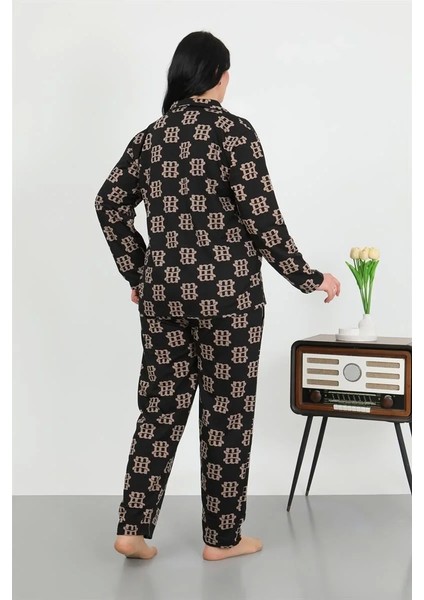 Kadın Büyük Beden Pamuklu Cepli Düğmeli Siyah Pijama Takım fırsatları