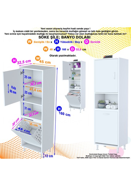 45x160 cm Tek Kapaklı Kirli Çamaşır Dolabı Açık Raflı Sepetli Banyo Dolabı