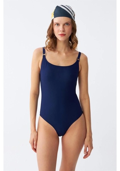 Kadın Lacivert Metal Aksesuarlı Ince Askılı Tek Parça Mayo modelleri