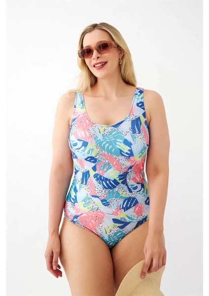 Kadın Renkli Tropikal Desenli Büyük Beden Tek Parça Mayo