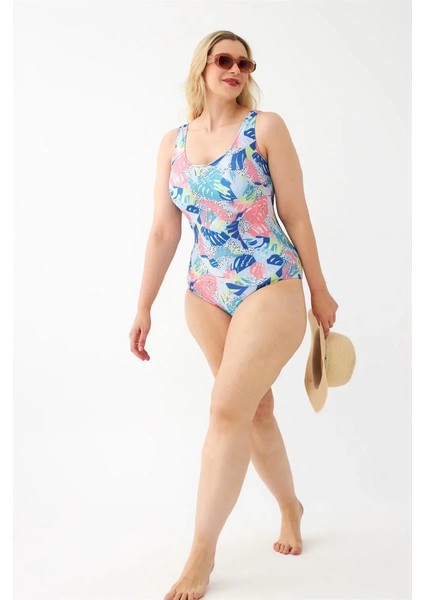 Kadın Renkli Tropikal Desenli Büyük Beden Tek Parça Mayo fiyatları