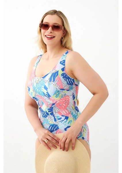 Kadın Renkli Tropikal Desenli Büyük Beden Tek Parça Mayo fırsatları