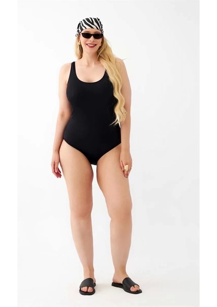 Kadın Siyah Büyük Beden Düz Tek Parça Mayo