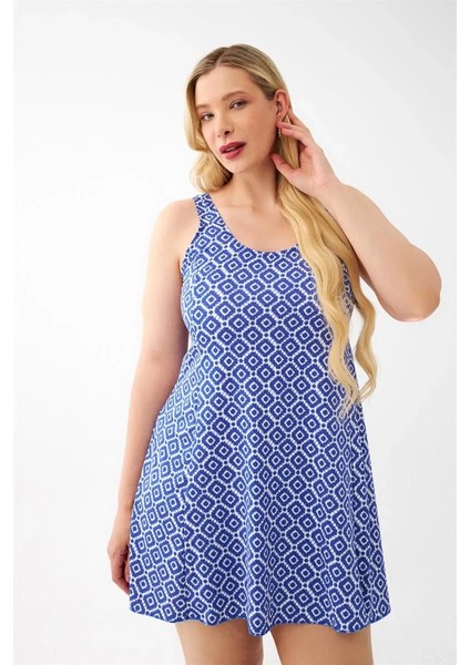 Kadın Mavi Desenli Büyük Beden Elbise Mayo modelleri