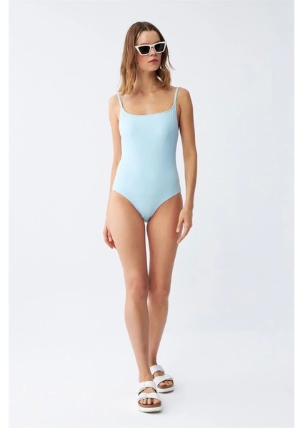 Kadın Buz Mavisi Ince Askılı Düz Tek Parça Mayo fiyatları