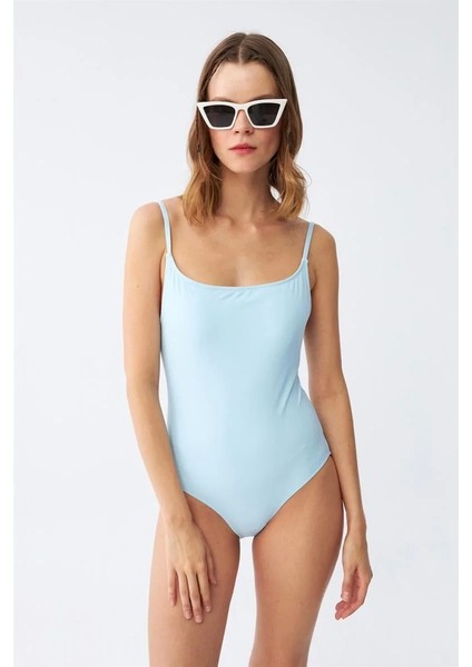 Kadın Buz Mavisi Ince Askılı Düz Tek Parça Mayo modelleri