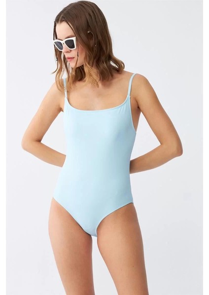 Kadın Buz Mavisi Ince Askılı Düz Tek Parça Mayo fırsatları