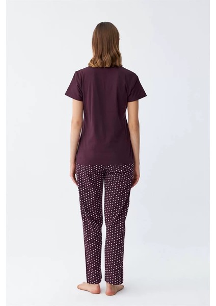 Kadın Mürdüm Papatya Baskılı Kısa Kollu Penye Pijama Takımı indirimleri