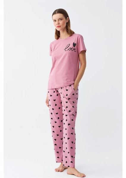Kadın Somon Kalp Desenli Kısa Kollu Penye Pijama Takımı