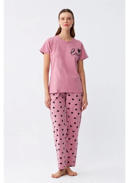 Kadın Somon Kalp Desenli Kısa Kollu Penye Pijama Takımı fiyatları