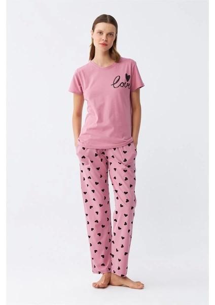 Kadın Somon Kalp Desenli Kısa Kollu Penye Pijama Takımı fırsatları