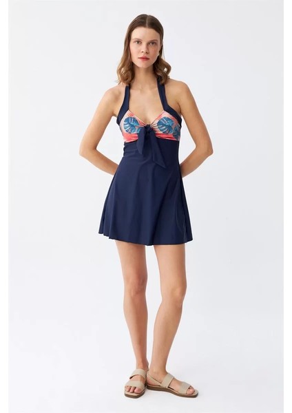 Kadın Tropikal Desenli Fiyonklu Lacivert Elbise Mayo modelleri