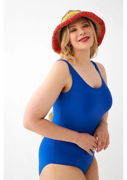 Kadın Saks Mavisi Büyük Beden Düz Tek Parça Mayo modelleri