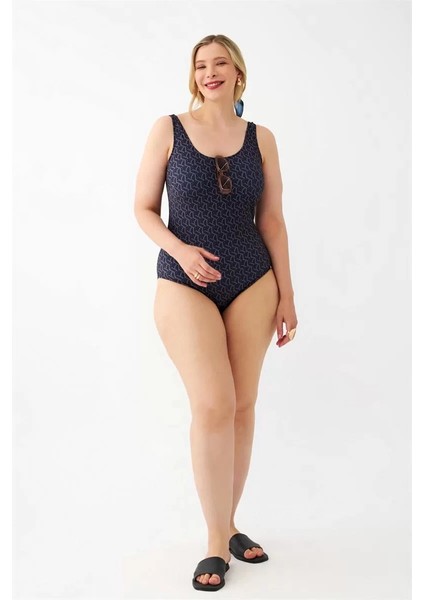 Kadın Lacivert Geometrik Desenli Büyük Beden Tek Parça Mayo