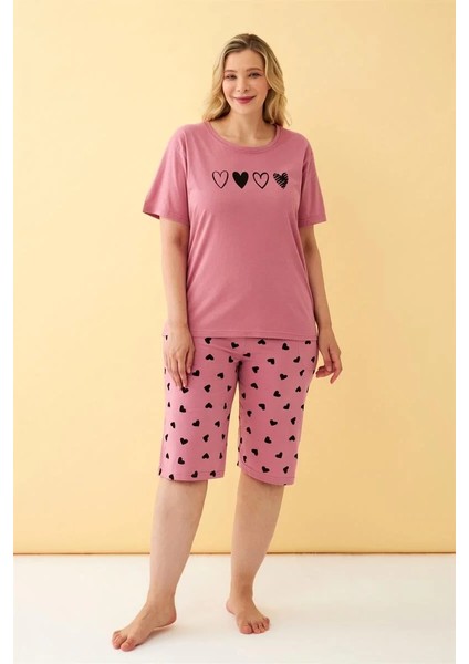 Kadın Somon Kalp Desenli Büyük Beden Kapri Pijama Takımı