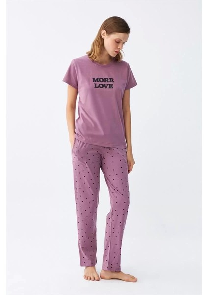 Kadın Mor Yıldız Desenli Penye Kısa Kol Pijama Takımı