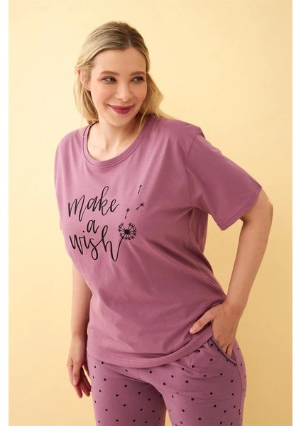 Kadın Mürdüm “make A Wish” Yazılı Büyük Beden Kapri Pijama Takımı modelleri
