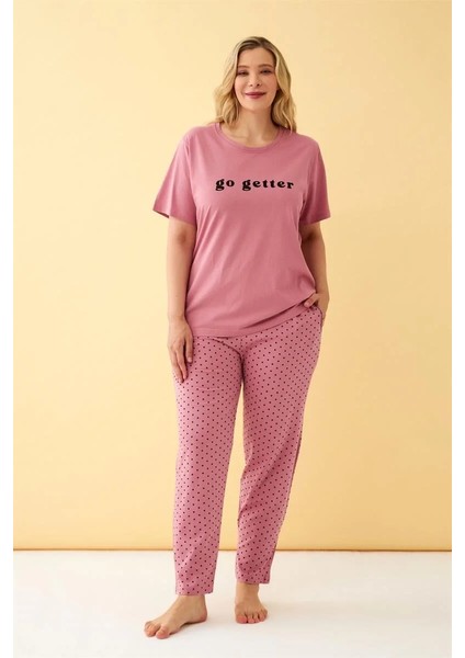 Kadın Somon Go Getter Yazılı Büyük Beden Pijama Takımı fiyatları