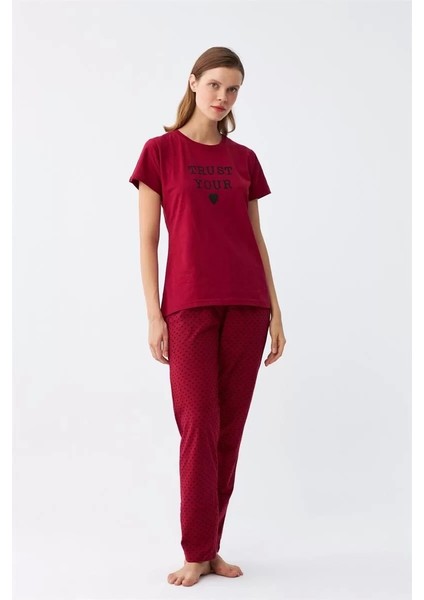 Kadın Bordo Kalp Desenli Kısa Kollu Penye Pijama Takımı modelleri