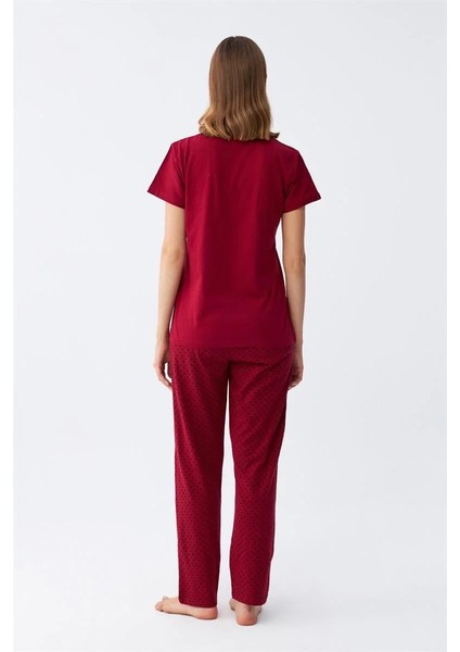 Kadın Bordo Kalp Desenli Kısa Kollu Penye Pijama Takımı