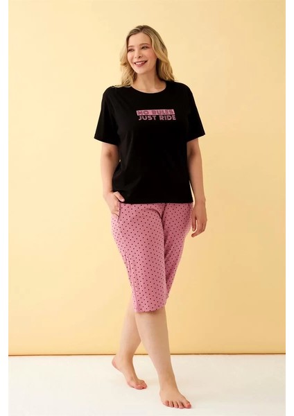 Kadın Siyah “no Rules Just Ride” Yazılı Büyük Beden Kapri Pijama Takımı modelleri