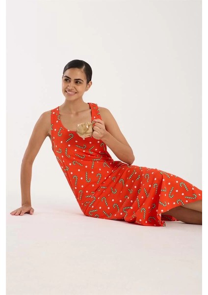 Kadın Kalın Askılı Yırtmaçlı Uzun Turuncu Gecelik