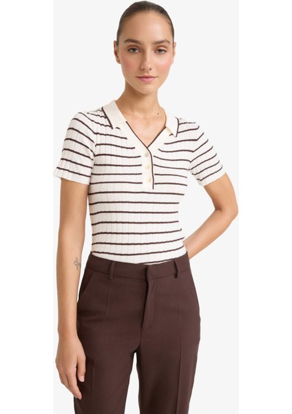 Fitted Polo Yaka Çizgili Kısa Kollu Triko Kazak G0471AX25AU