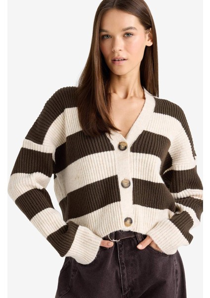 Regular Fit V Yaka Çizgili Düğmeli Hırka A2416AX25WN fırsatları