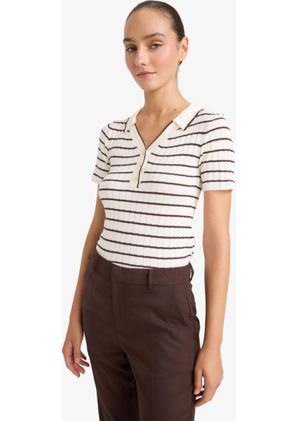 Fitted Polo Yaka Çizgili Kısa Kollu Triko Kazak G0471AX25AU modelleri