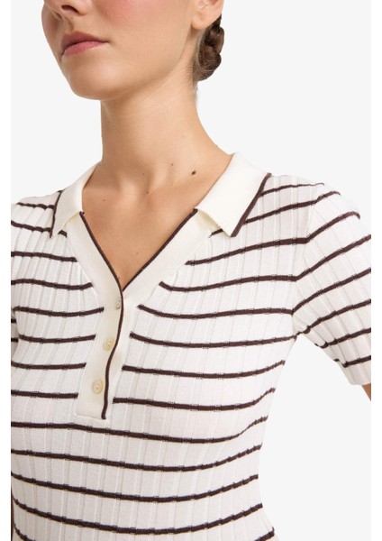 Fitted Polo Yaka Çizgili Kısa Kollu Triko Kazak G0471AX25AU fırsatları