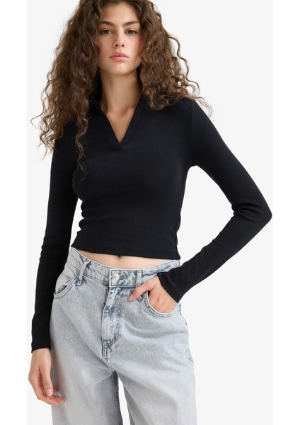 Fitted Polo Yaka Basic Düz Modal Uzun Kollu Siyah Tişört E7938AX25AU fırsatları