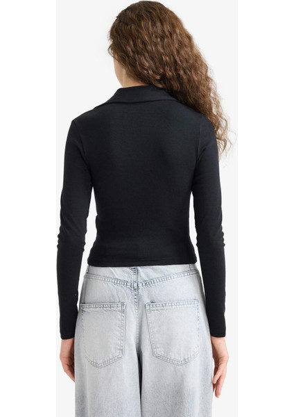 Fitted Polo Yaka Basic Düz Modal Uzun Kollu Siyah Tişört E7938AX25AU indirimleri