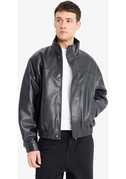 Su Geçirmez Oversize Geniş Kalıp Dik Yaka Suni Deri Mont modelleri