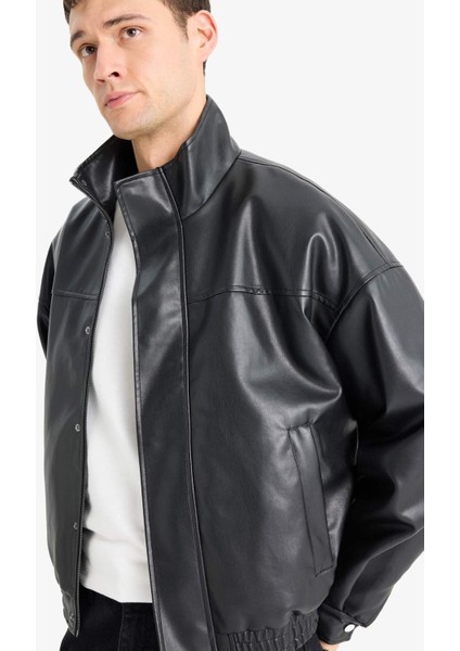 Su Geçirmez Oversize Geniş Kalıp Dik Yaka Suni Deri Mont fırsatları