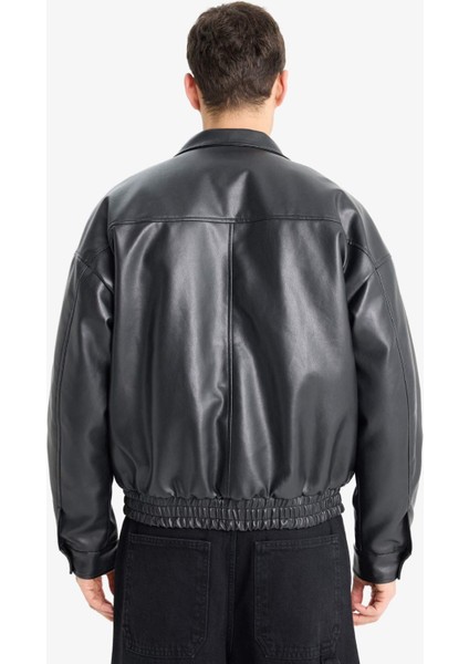 Su Geçirmez Oversize Geniş Kalıp Dik Yaka Suni Deri Mont