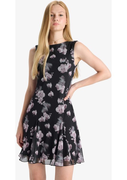 Coool Bisiklet Yaka Desenli Tül Kolsuz Mini Elbise F0415AX25WN fırsatları