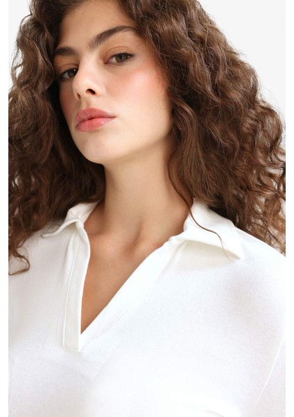 Fitted Polo Yaka Basic Düz Modal Uzun Kollu Beyaz Tişört E7938AX25AU