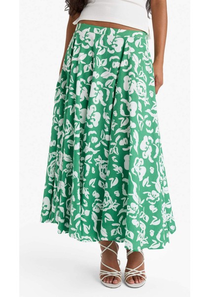 A Kesim Çiçek Desenli Normal Bel Keten Görünümlü Maxi Etek fırsatları