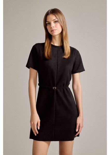 Bisiklet Yaka Kemerli Kısa Kollu Mini Süet Elbise G2750AX25AU fırsatları