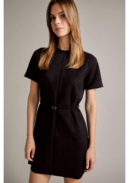 Bisiklet Yaka Kemerli Kısa Kollu Mini Süet Elbise G2750AX25AU indirimleri