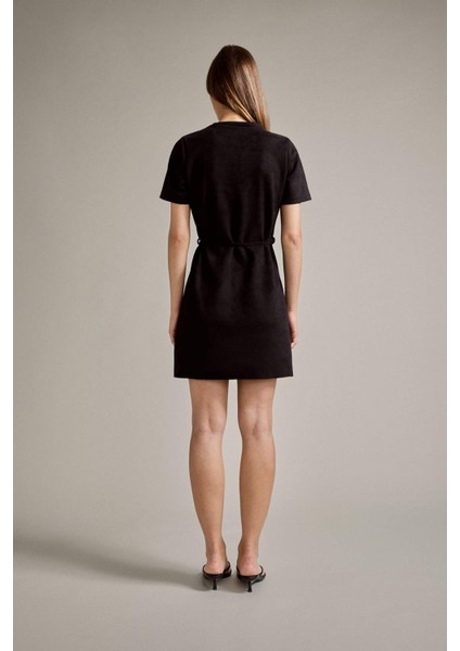 Bisiklet Yaka Kemerli Kısa Kollu Mini Süet Elbise G2750AX25AU