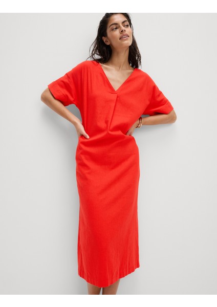 Keten Karışımlı V Yaka Midi Elbise