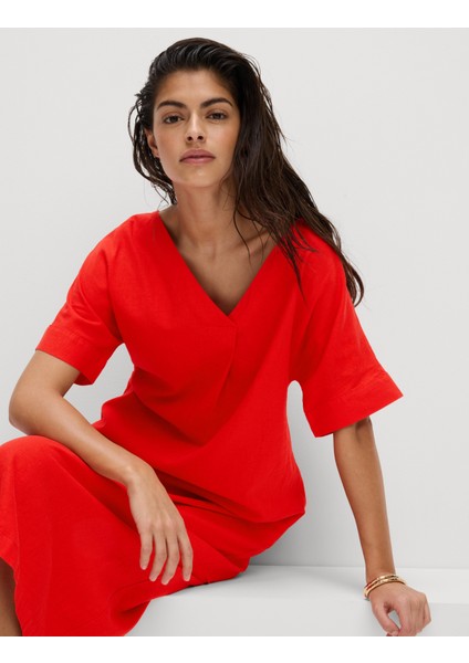 Keten Karışımlı V Yaka Midi Elbise