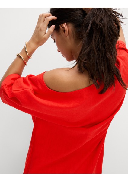 Keten Karışımlı V Yaka Midi Elbise