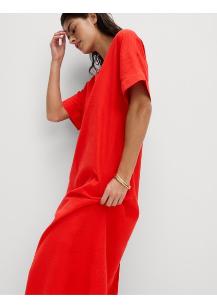 Keten Karışımlı V Yaka Midi Elbise