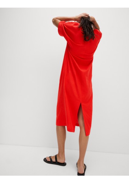 Keten Karışımlı V Yaka Midi Elbise