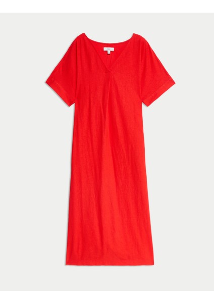 Keten Karışımlı V Yaka Midi Elbise