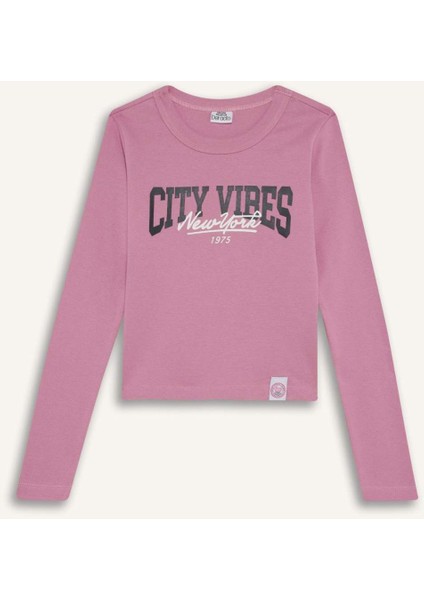 Kız Çocuk Slim Fit Dar Kesim Bisiklet Yaka Baskılı Fitilli Kaşkorse Uzun Kollu Tişört C7465A825AU